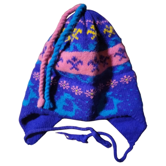 Vtg Woman's Heavy Knit Winter Ski Hat Cap Ear Flaps Cord Tassels Pink Purple - Picture 5 of 8